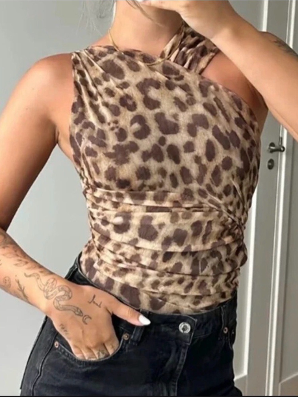 Zara Leopard Animal Print Mesh Ruched Pleated Asymmetrical Bodysuit